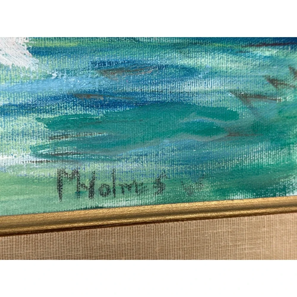 Vintage‎ M Holmes Signed Floral Oil Painting Impasto Flowers Blue Vase Frame